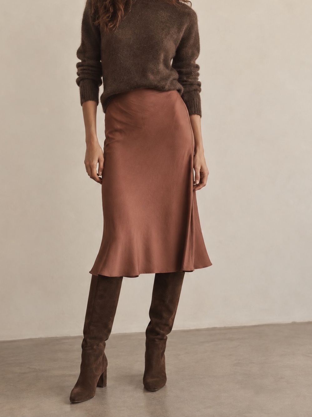 Quince brown silk satin elastic waist midi slip skirt